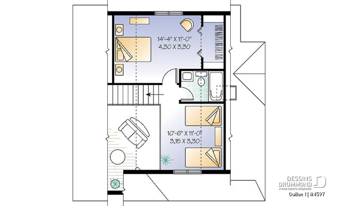 Étage - Plan de maison de campagne avec 3 chambres, balcon abrité, mezzanine et cathédral - Gaillon 1