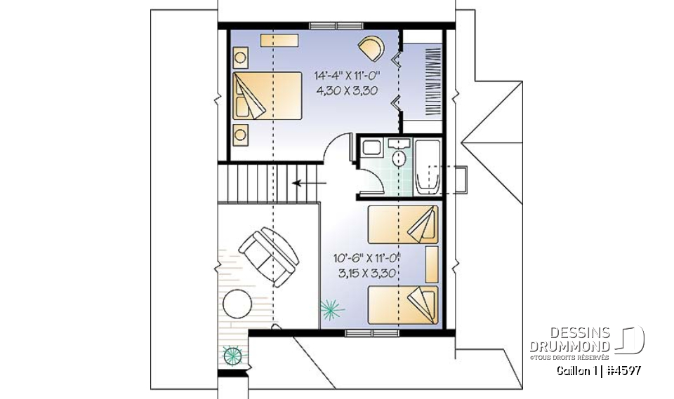 Étage - Plan de maison de campagne avec 3 chambres, balcon abrité, mezzanine et cathédral - Gaillon 1