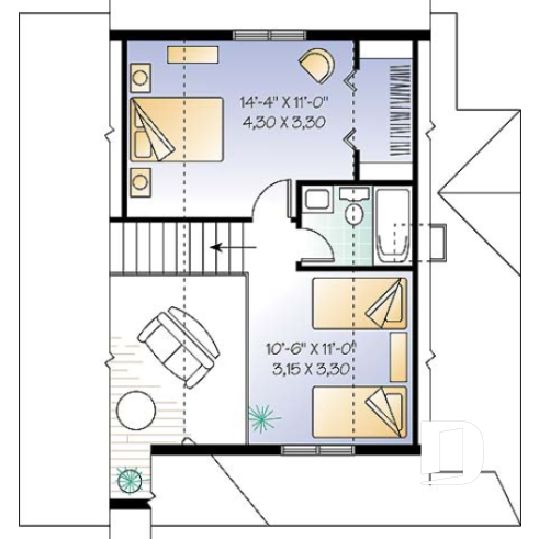 Étage - Plan de maison de campagne avec 3 chambres, balcon abrité, mezzanine et cathédral - Gaillon 1
