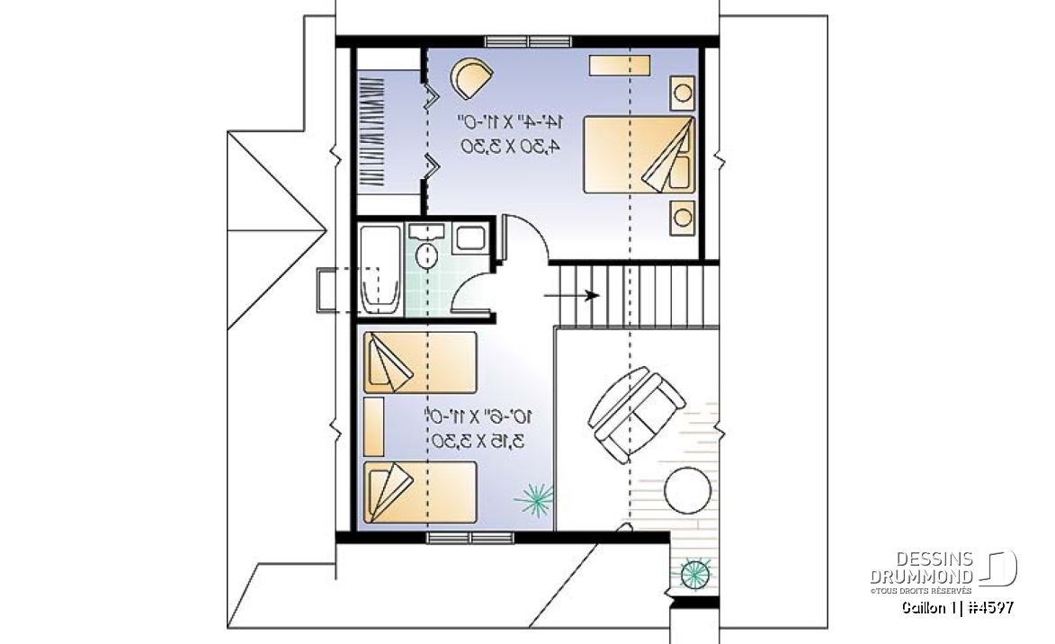 Étage - Plan de maison de campagne avec 3 chambres, balcon abrité, mezzanine et cathédral - Gaillon 1