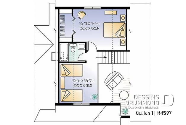 Étage - Plan de maison de campagne avec 3 chambres, balcon abrité, mezzanine et cathédral - Gaillon 1