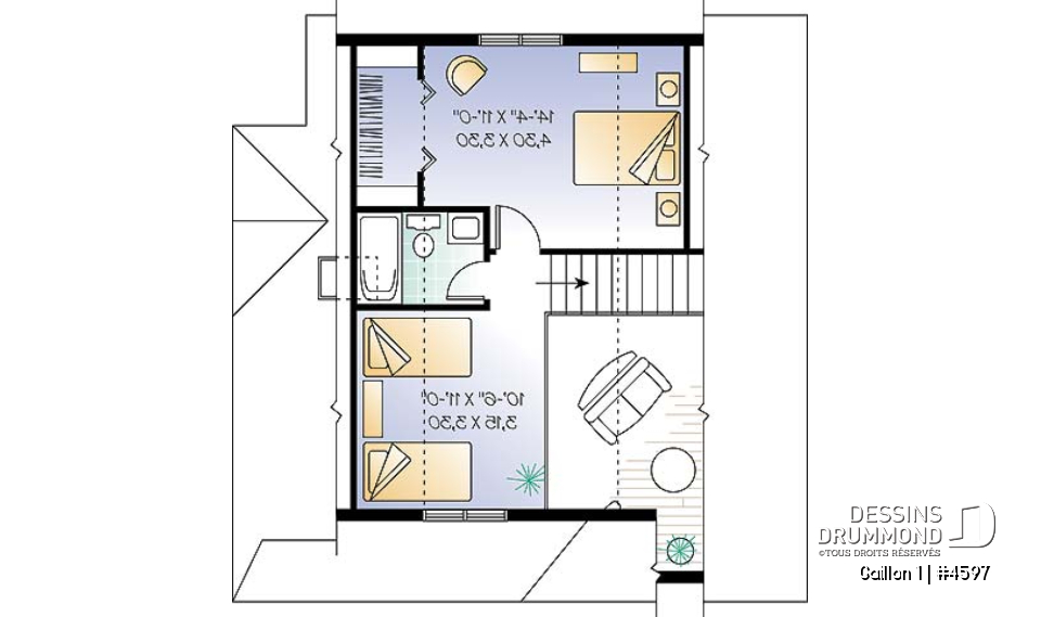 Étage - Plan de maison de campagne avec 3 chambres, balcon abrité, mezzanine et cathédral - Gaillon 1