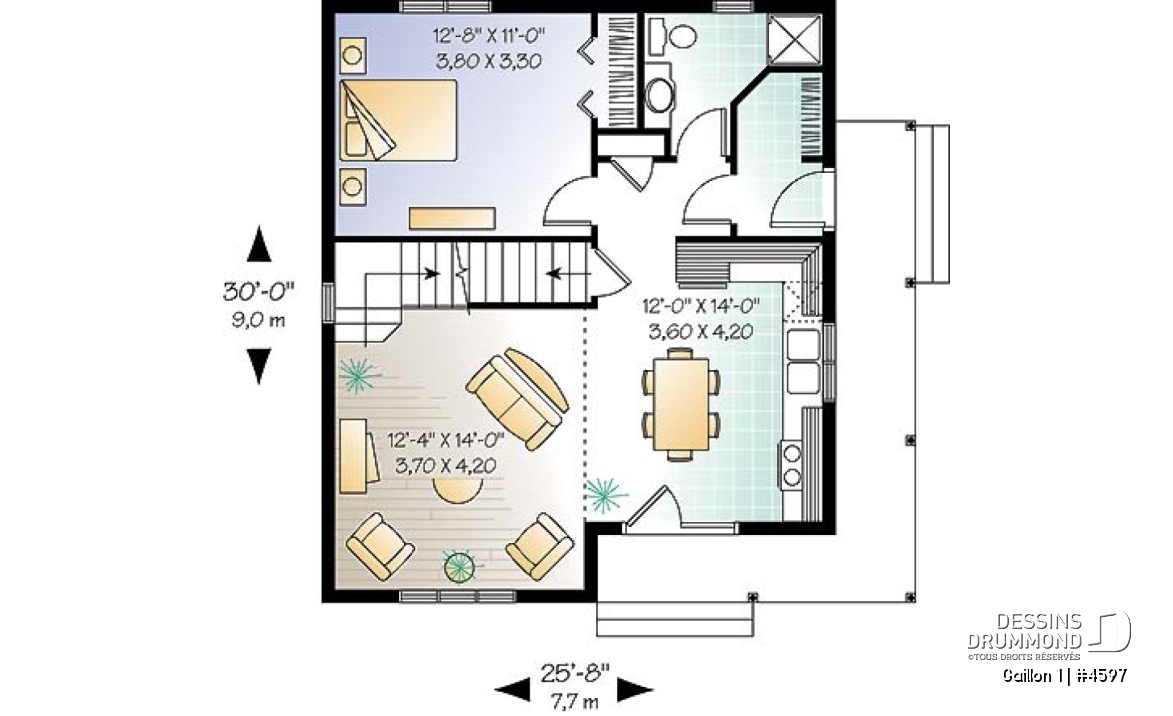 Rez-de-chaussée - Plan de maison de campagne avec 3 chambres, balcon abrité, mezzanine et cathédral - Gaillon 1