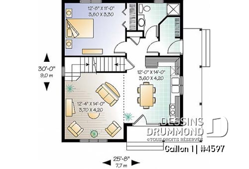 Rez-de-chaussée - Plan de maison de campagne avec 3 chambres, balcon abrité, mezzanine et cathédral - Gaillon 1