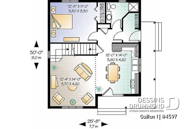 Rez-de-chaussée - Plan de maison de campagne avec 3 chambres, balcon abrité, mezzanine et cathédral - Gaillon 1