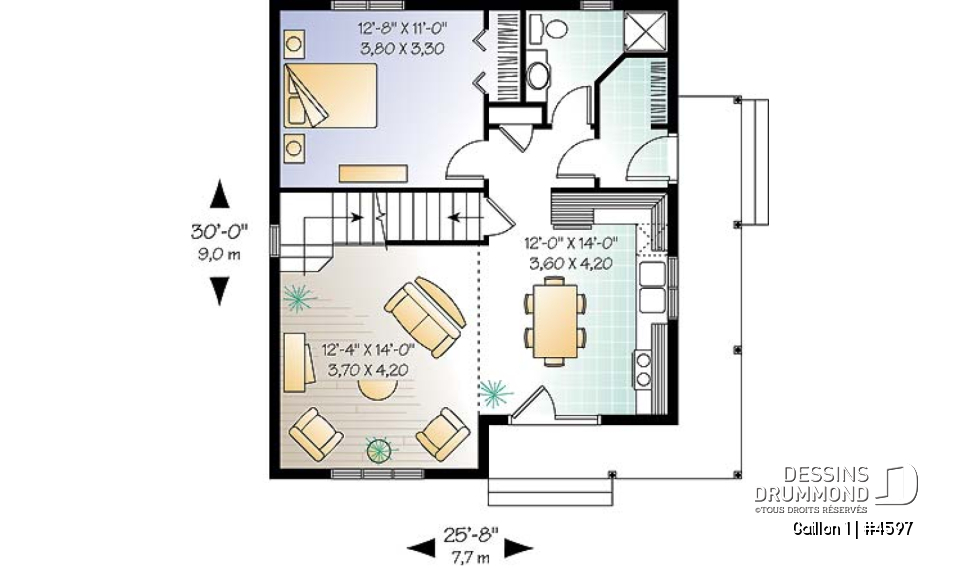 Rez-de-chaussée - Plan de maison de campagne avec 3 chambres, balcon abrité, mezzanine et cathédral - Gaillon 1