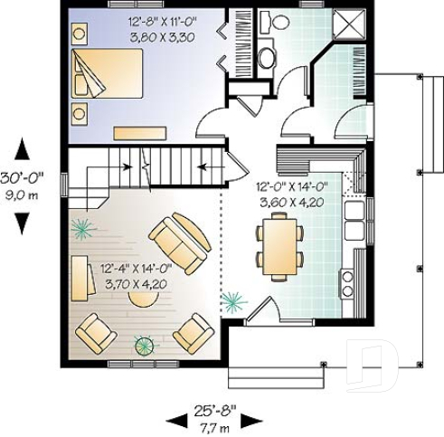 Rez-de-chaussée - Plan de maison de campagne avec 3 chambres, balcon abrité, mezzanine et cathédral - Gaillon 1
