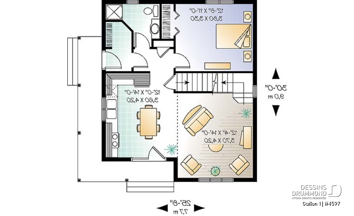 Rez-de-chaussée - Plan de maison de campagne avec 3 chambres, balcon abrité, mezzanine et cathédral - Gaillon 1