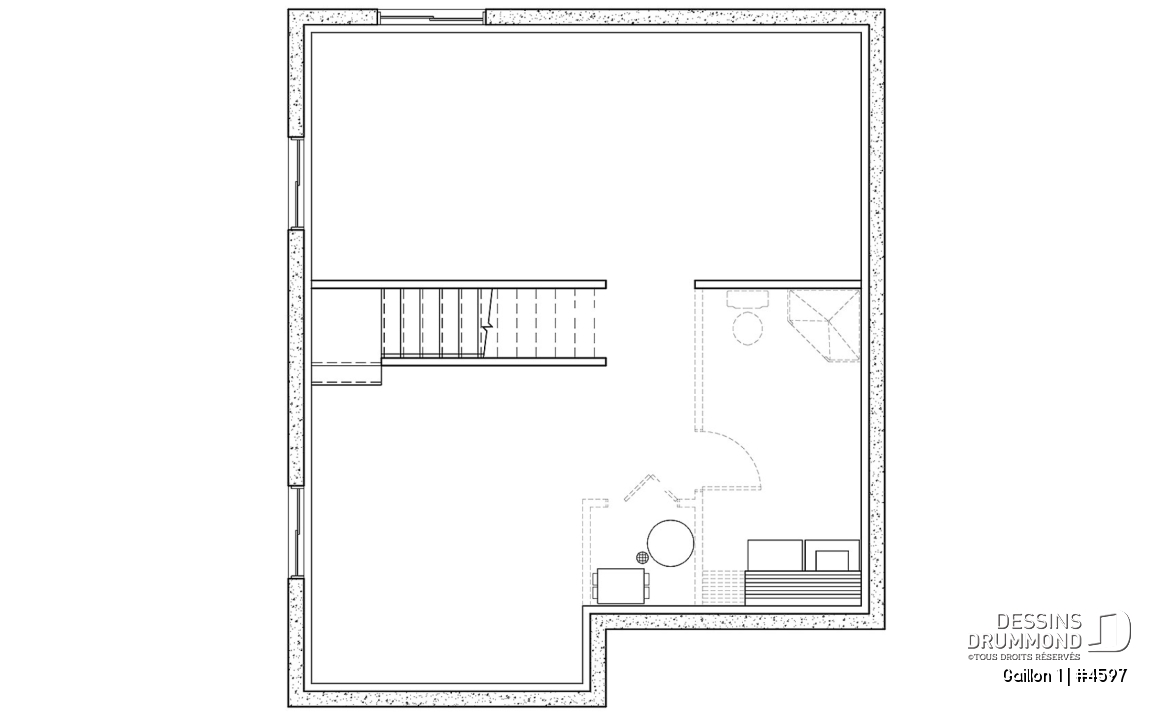 Sous-sol - Plan de maison de campagne avec 3 chambres, balcon abrité, mezzanine et cathédral - Gaillon 1