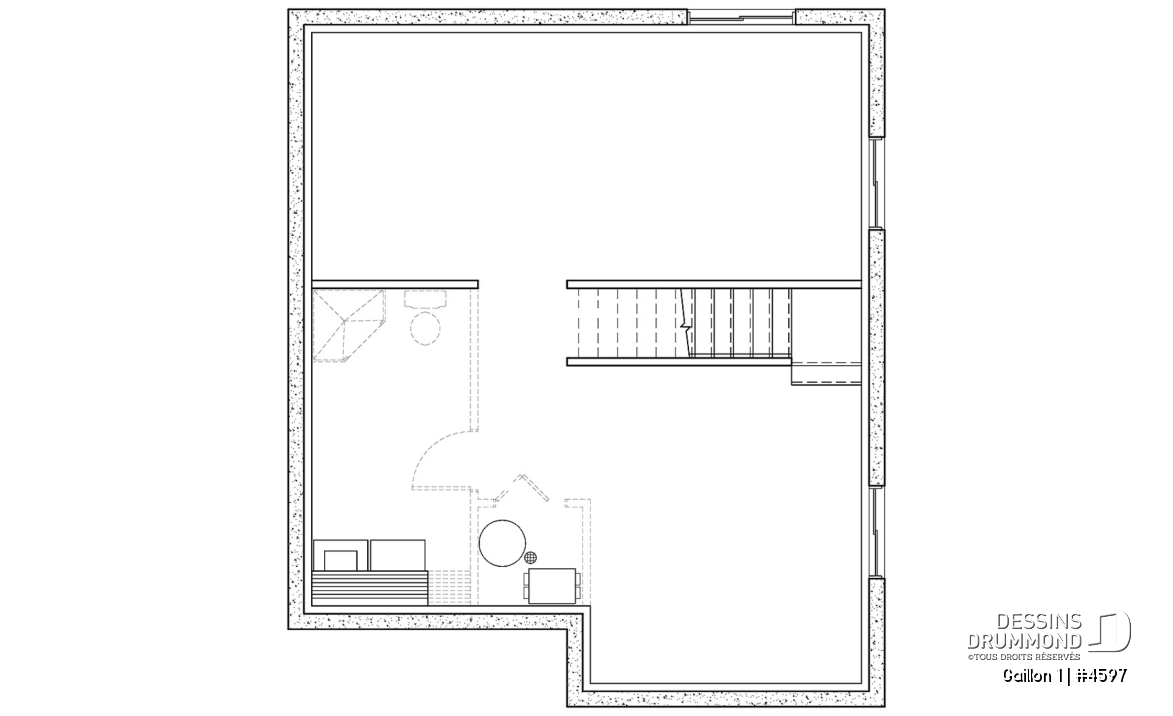 Sous-sol - Plan de maison de campagne avec 3 chambres, balcon abrité, mezzanine et cathédral - Gaillon 1