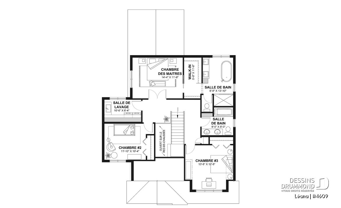 Étage - Plan de maison, garage, 3 chambres + un bureau, suite parentale à l'étage, foyer au bois et garage simple - Léana