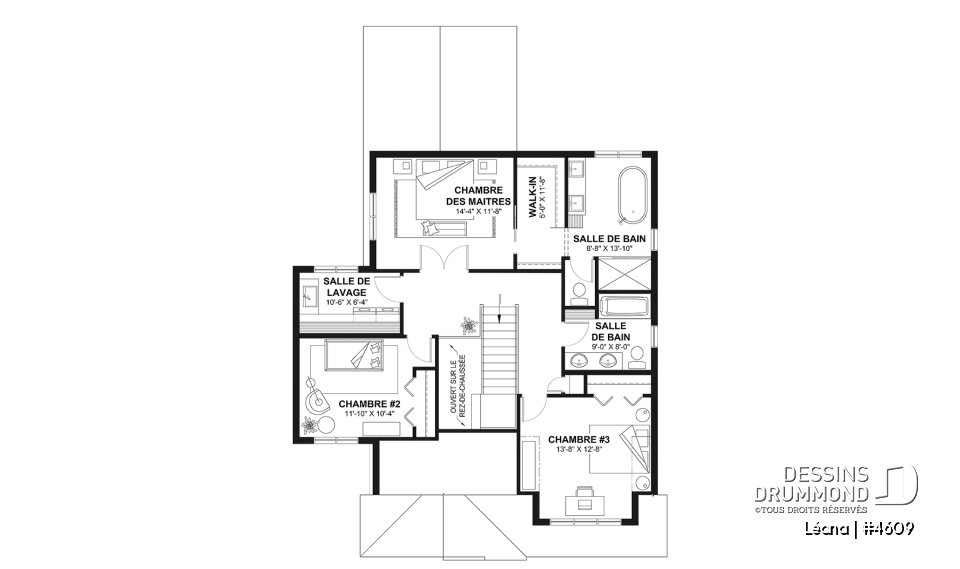 Étage - Plan de maison, garage, 3 chambres + un bureau, suite parentale à l'étage, foyer au bois et garage simple - Léana