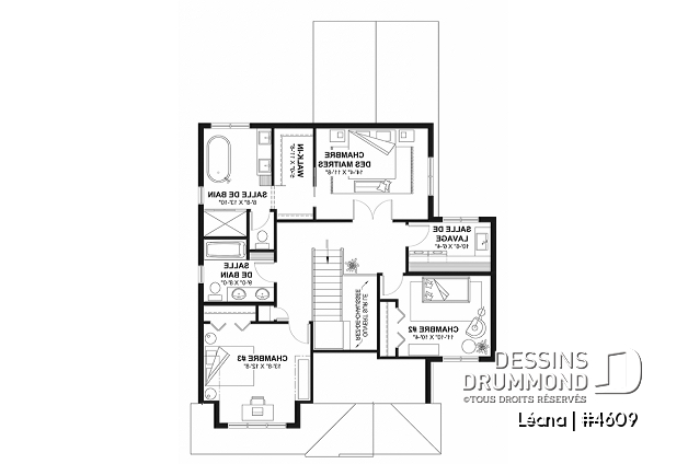 Étage - Plan de maison, garage, 3 chambres + un bureau, suite parentale à l'étage, foyer au bois et garage simple - Léana