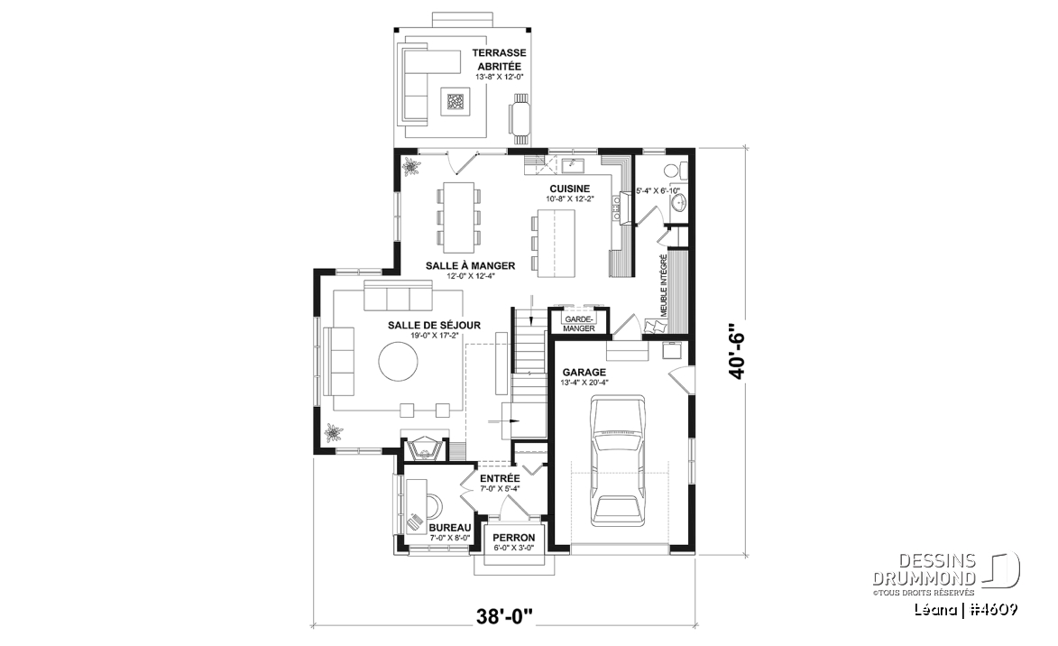 Rez-de-chaussée - Plan de maison, garage, 3 chambres + un bureau, suite parentale à l'étage, foyer au bois et garage simple - Léana