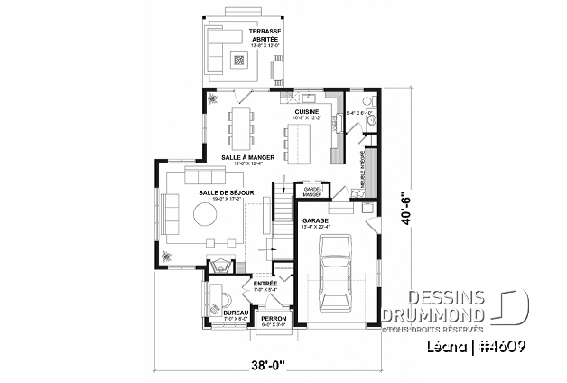Rez-de-chaussée - Plan de maison, garage, 3 chambres + un bureau, suite parentale à l'étage, foyer au bois et garage simple - Léana