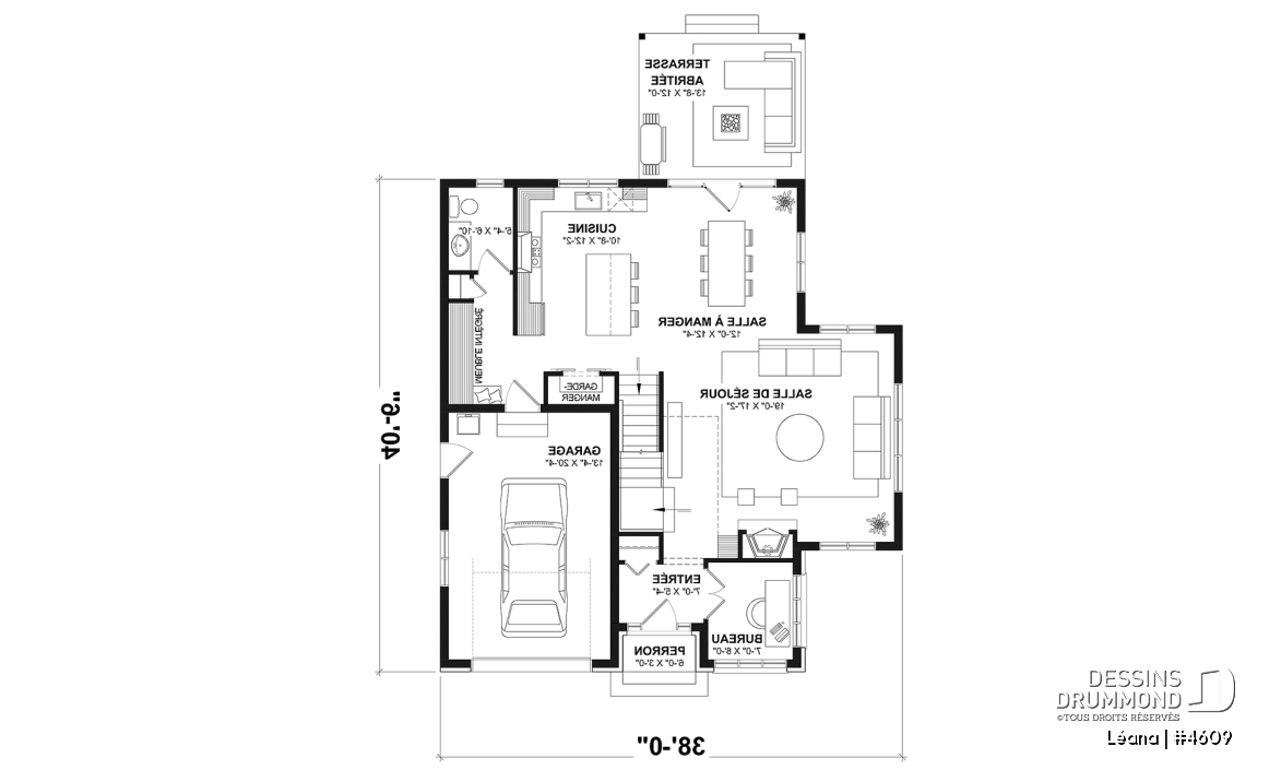 Rez-de-chaussée - Plan de maison, garage, 3 chambres + un bureau, suite parentale à l'étage, foyer au bois et garage simple - Léana