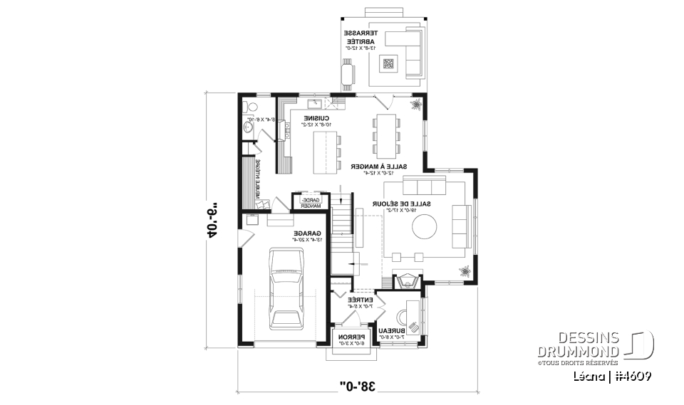 Rez-de-chaussée - Plan de maison, garage, 3 chambres + un bureau, suite parentale à l'étage, foyer au bois et garage simple - Léana