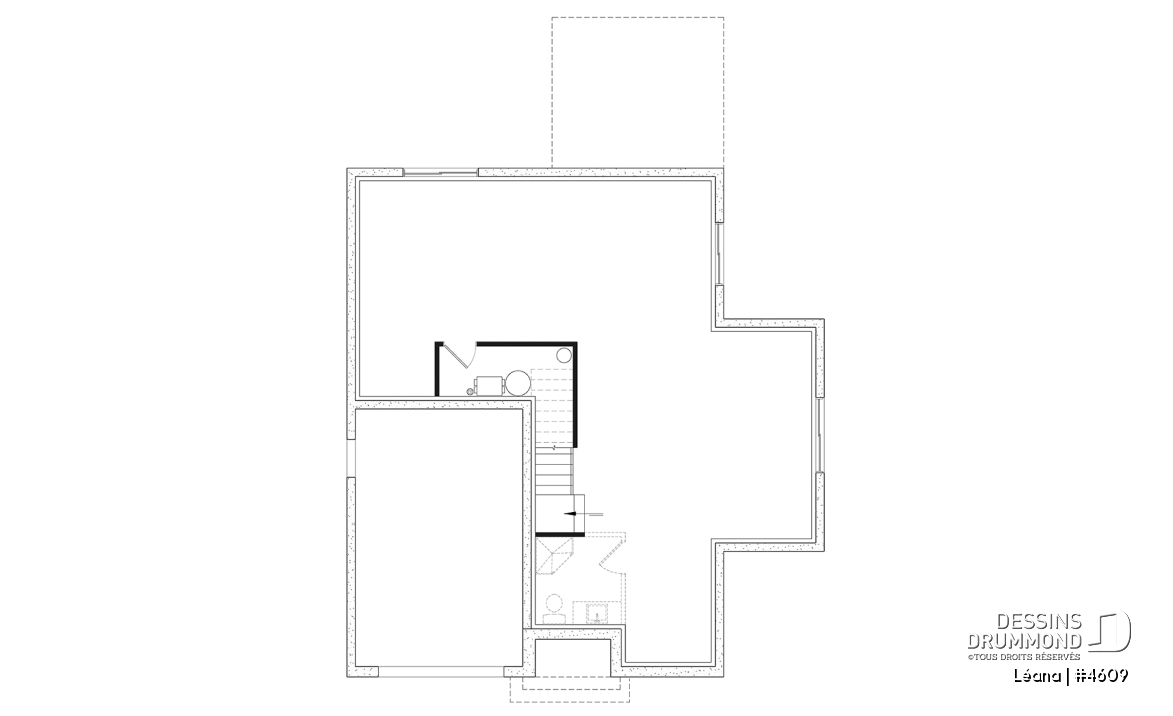 Sous-sol - Plan de maison, garage, 3 chambres + un bureau, suite parentale à l'étage, foyer au bois et garage simple - Léana