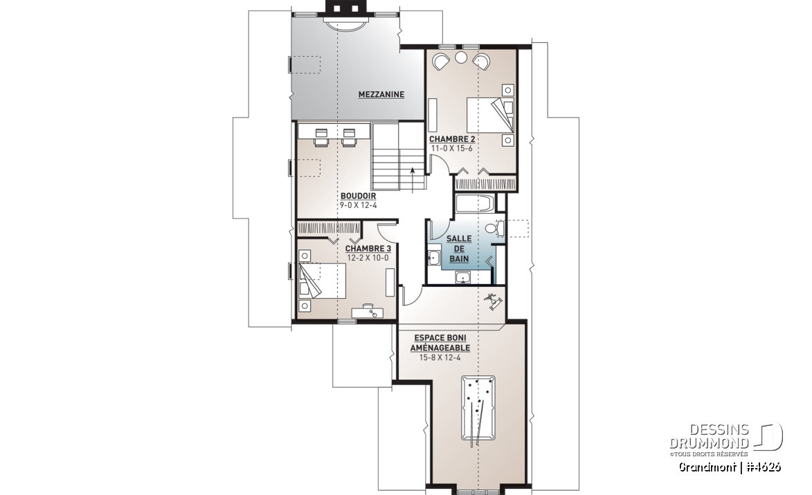 Étage - Superbe plan de maison avec belle fenestration, 3 à 4 chambres, foyer, solarium, garage double - Grandmont
