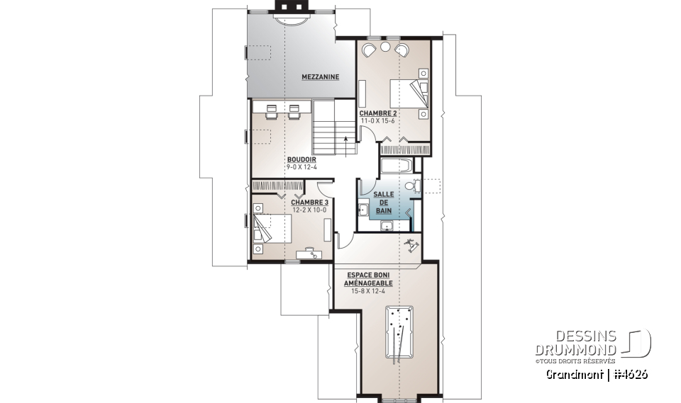 Étage - Superbe plan de maison avec belle fenestration, 3 à 4 chambres, foyer, solarium, garage double - Grandmont