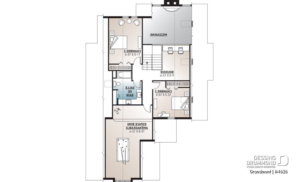 Étage - Superbe plan de maison avec belle fenestration, 3 à 4 chambres, foyer, solarium, garage double - Grandmont