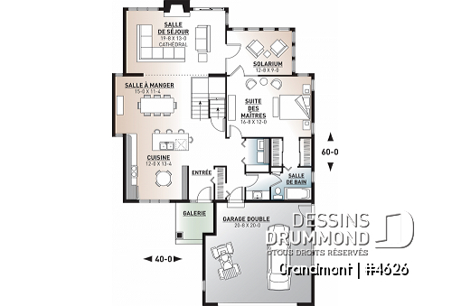 Rez-de-chaussée - Superbe plan de maison avec belle fenestration, 3 à 4 chambres, foyer, solarium, garage double - Grandmont