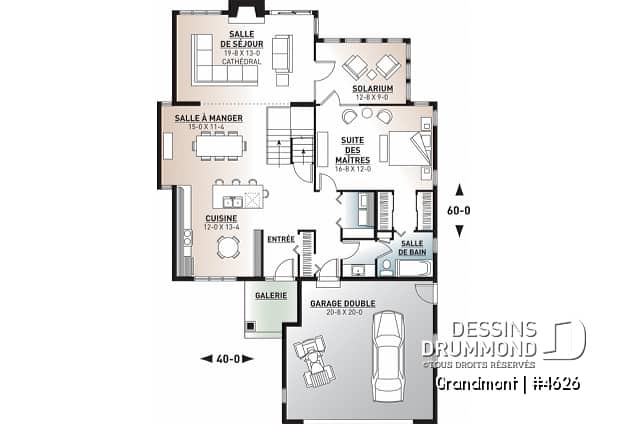 Rez-de-chaussée - Superbe plan de maison avec belle fenestration, 3 à 4 chambres, foyer, solarium, garage double - Grandmont