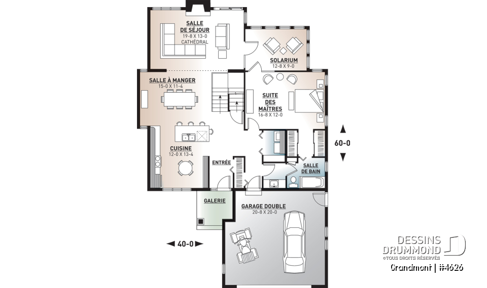 Rez-de-chaussée - Superbe plan de maison avec belle fenestration, 3 à 4 chambres, foyer, solarium, garage double - Grandmont