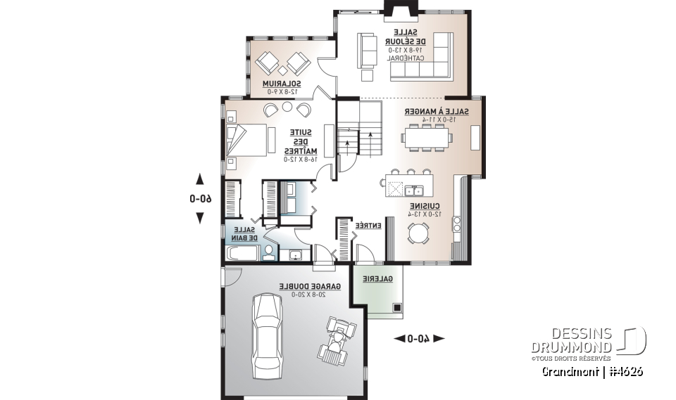 Rez-de-chaussée - Superbe plan de maison avec belle fenestration, 3 à 4 chambres, foyer, solarium, garage double - Grandmont