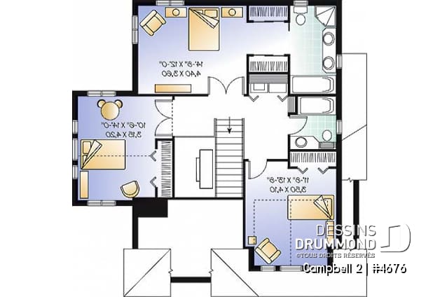 Étage - Plan de maison à étage, garage, terrain étroit, 3 chambres, 2.5 s.bain & buanderie à l'étage, foyer, bureau - Campbell 2