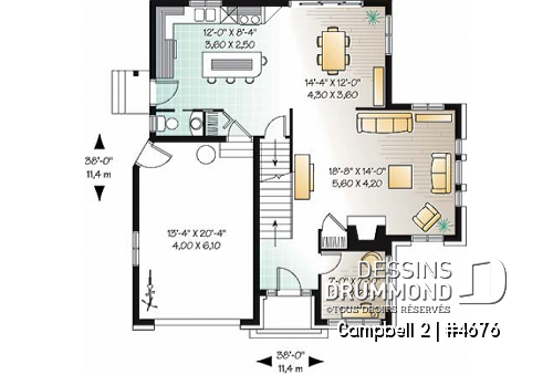 Rez-de-chaussée - Plan de maison à étage, garage, terrain étroit, 3 chambres, 2.5 s.bain & buanderie à l'étage, foyer, bureau - Campbell 2