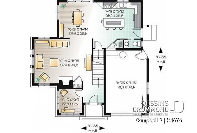 Rez-de-chaussée - Plan de maison à étage, garage, terrain étroit, 3 chambres, 2.5 s.bain & buanderie à l'étage, foyer, bureau - Campbell 2