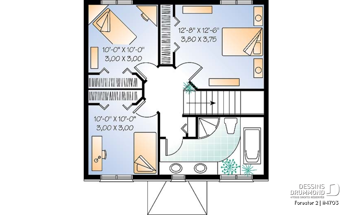 Étage - Plan de cottage classique, 3 chambres, fenestration abondante, perron abritée - Forester 2