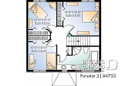 Étage - Plan de cottage classique, 3 chambres, fenestration abondante, perron abritée - Forester 2