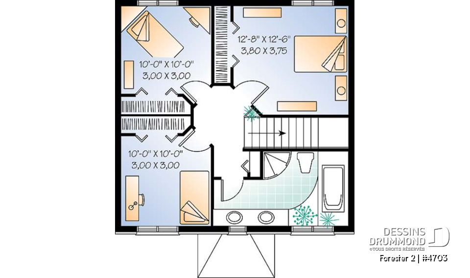 Étage - Plan de cottage classique, 3 chambres, fenestration abondante, perron abritée - Forester 2