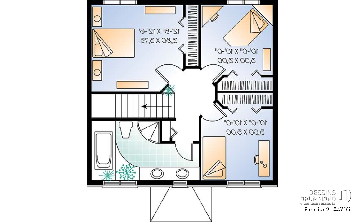 Étage - Plan de cottage classique, 3 chambres, fenestration abondante, perron abritée - Forester 2