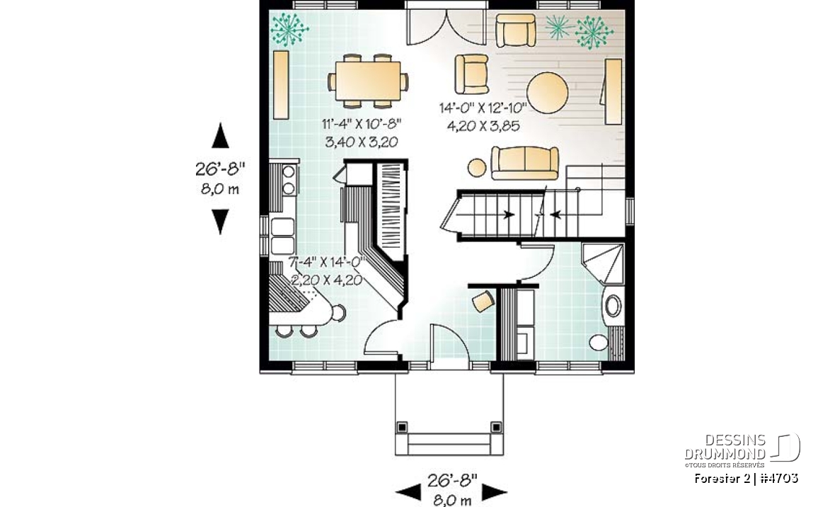 Rez-de-chaussée - Plan de cottage classique, 3 chambres, fenestration abondante, perron abritée - Forester 2