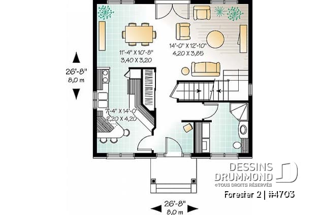 Rez-de-chaussée - Plan de cottage classique, 3 chambres, fenestration abondante, perron abritée - Forester 2