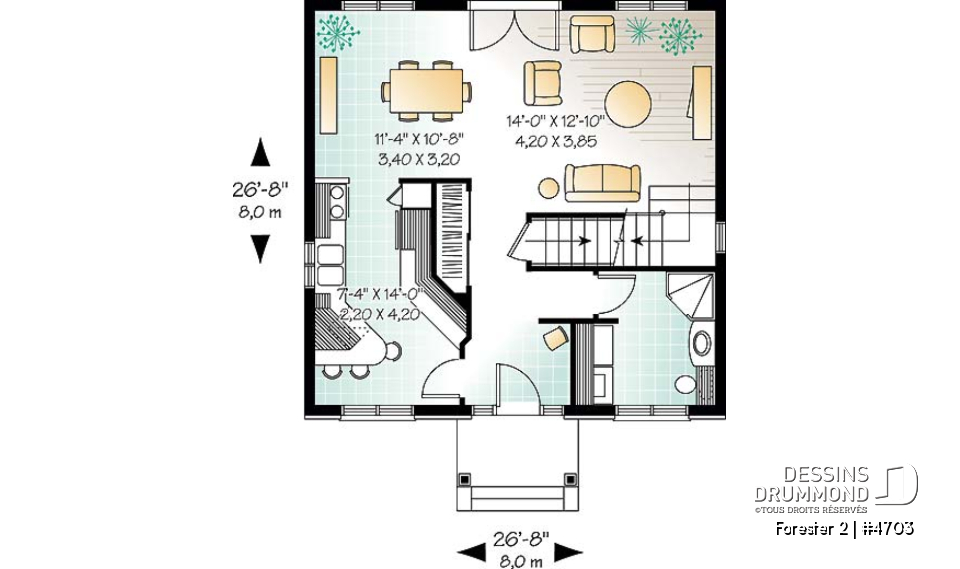 Rez-de-chaussée - Plan de cottage classique, 3 chambres, fenestration abondante, perron abritée - Forester 2