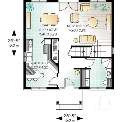 Rez-de-chaussée - Plan de cottage classique, 3 chambres, fenestration abondante, perron abritée - Forester 2
