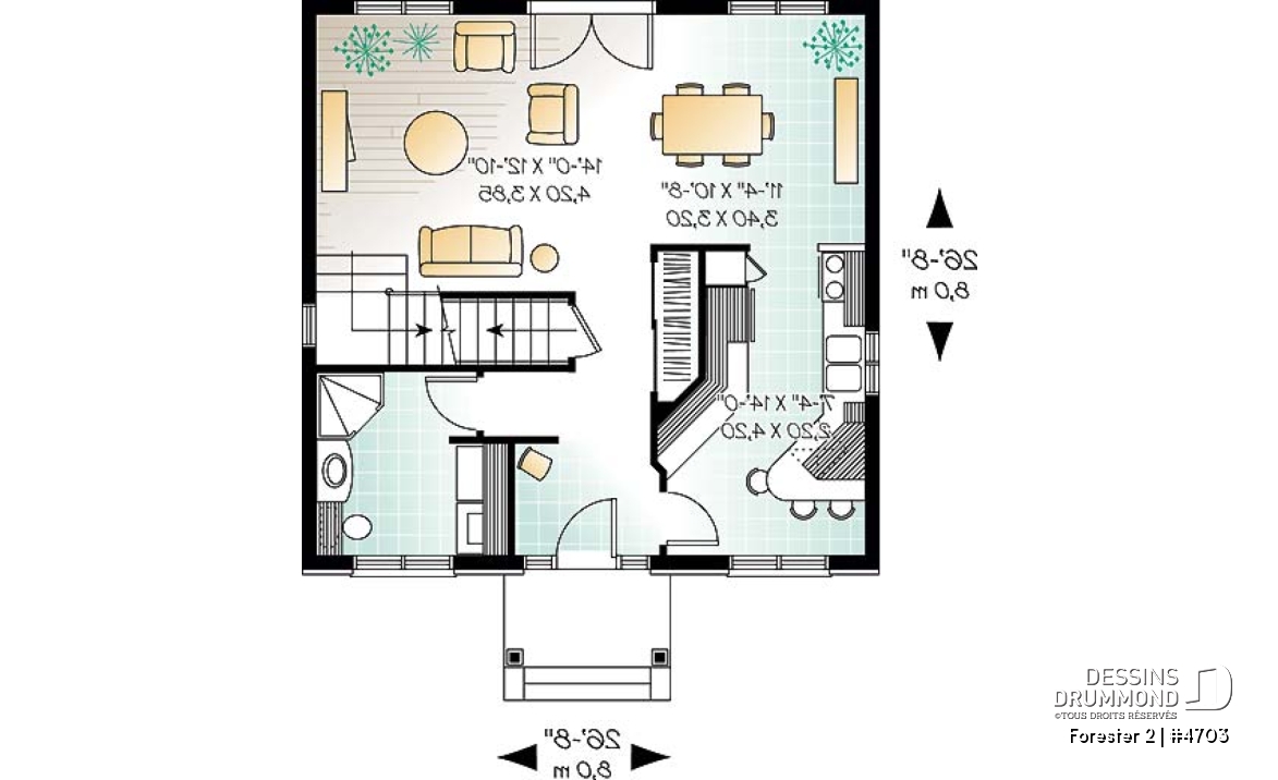 Rez-de-chaussée - Plan de cottage classique, 3 chambres, fenestration abondante, perron abritée - Forester 2