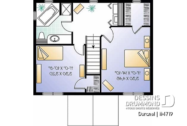 Étage - Plan maison étage petit budget, 2 chambres avec walk-in, buanderie à l'étage, cuisine avec îlot - Duranel