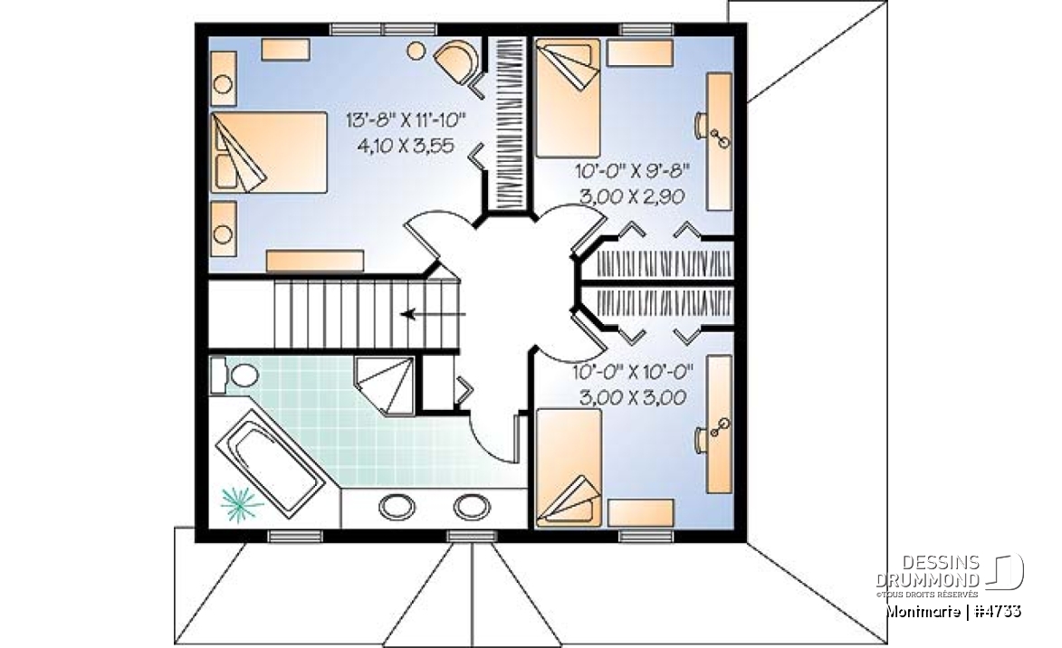 Étage - Plan de maison d'inspiration anglaise, à étage, 3 chambres, 2 salles de bain, galerie abritée - Montmarte
