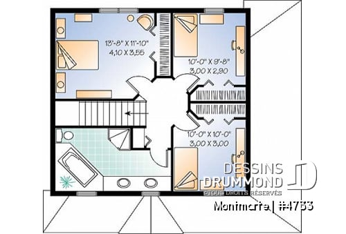 Étage - Plan de maison d'inspiration anglaise, à étage, 3 chambres, 2 salles de bain, galerie abritée - Montmarte