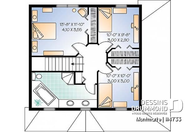 Étage - Plan de maison d'inspiration anglaise, à étage, 3 chambres, 2 salles de bain, galerie abritée - Montmarte