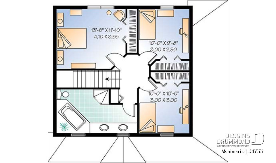 Étage - Plan de maison d'inspiration anglaise, à étage, 3 chambres, 2 salles de bain, galerie abritée - Montmarte