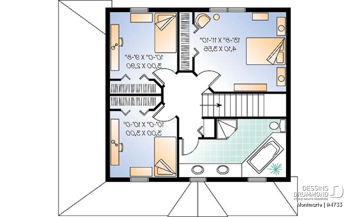 Étage - Plan de maison d'inspiration anglaise, à étage, 3 chambres, 2 salles de bain, galerie abritée - Montmarte