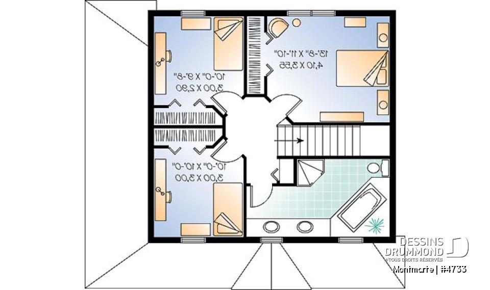 Étage - Plan de maison d'inspiration anglaise, à étage, 3 chambres, 2 salles de bain, galerie abritée - Montmarte