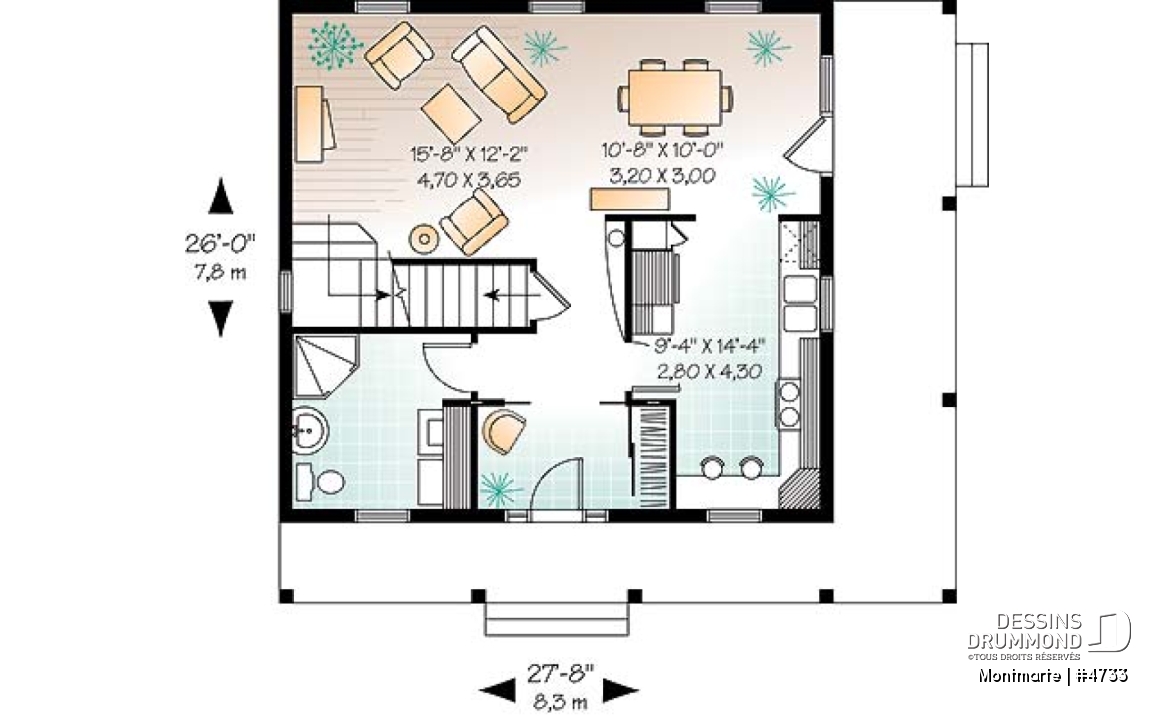 Rez-de-chaussée - Plan de maison d'inspiration anglaise, à étage, 3 chambres, 2 salles de bain, galerie abritée - Montmarte
