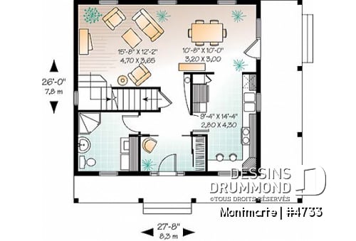 Rez-de-chaussée - Plan de maison d'inspiration anglaise, à étage, 3 chambres, 2 salles de bain, galerie abritée - Montmarte